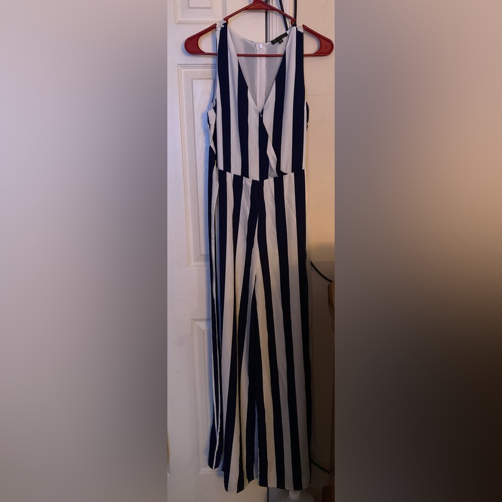 Shinestar NAVY and White Striped Jumpsuit with Bust Button and Zipper - Picture 3 of 5